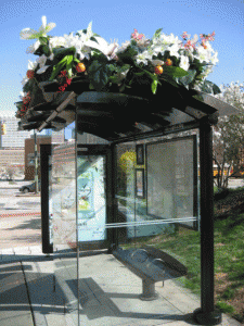 Bus shelter installation, with advertising installation above